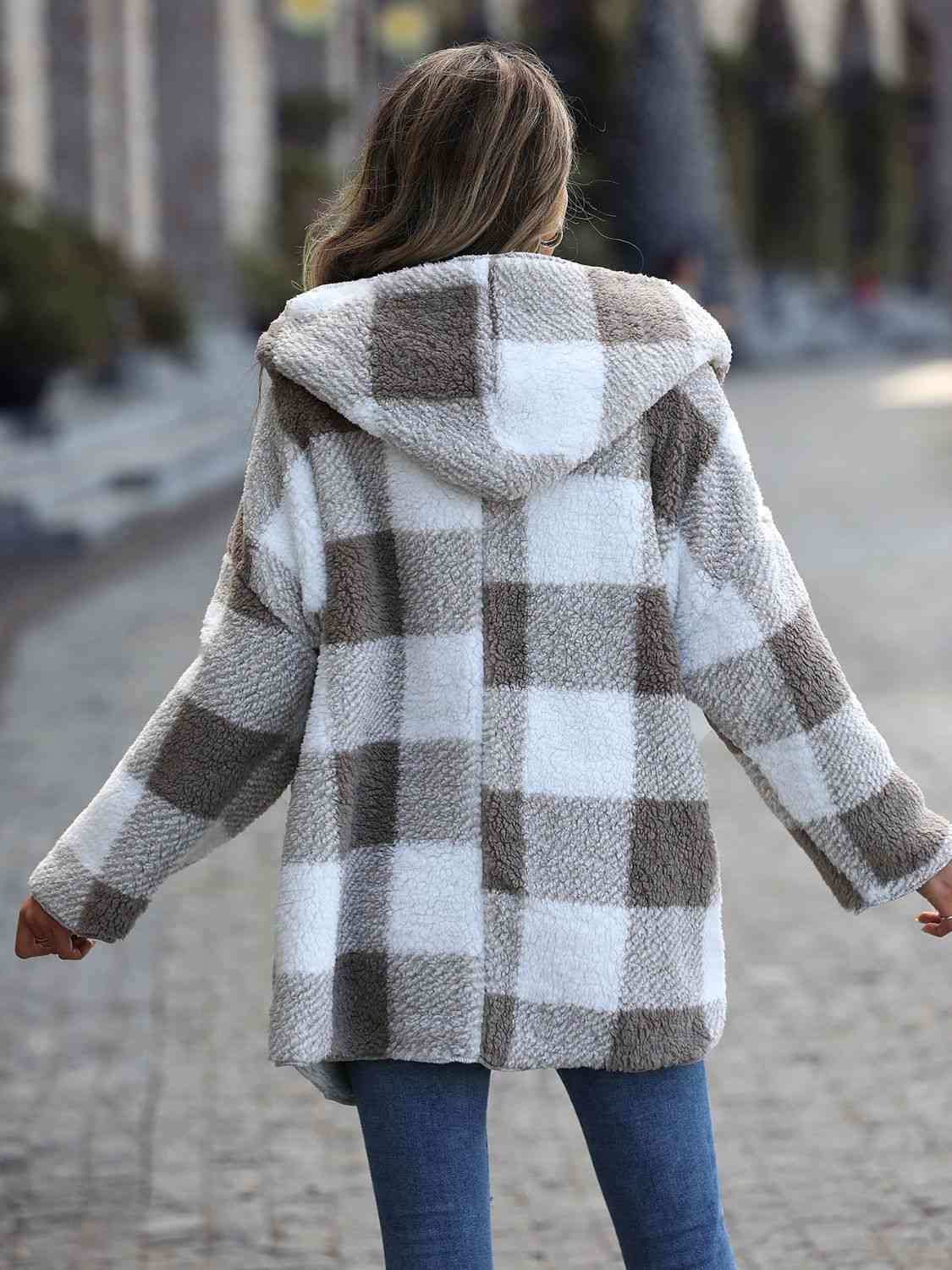 Women Plaid Open Front Hooded Coat