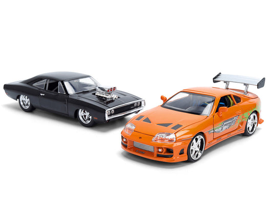 Dom's 1970 Dodge Charger R/T Black and Brian's Toyota Supra Orange with Graphics Set of 2 Cars "Fast & Furious 25th Anniversary" "Fast & Furious" Series 1/24 Diecast Model Cars by Jada