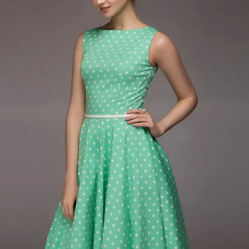 Women's Vintage Polka Dot Sleeveless Dress O-Neck Summer Cocktail Party Dress