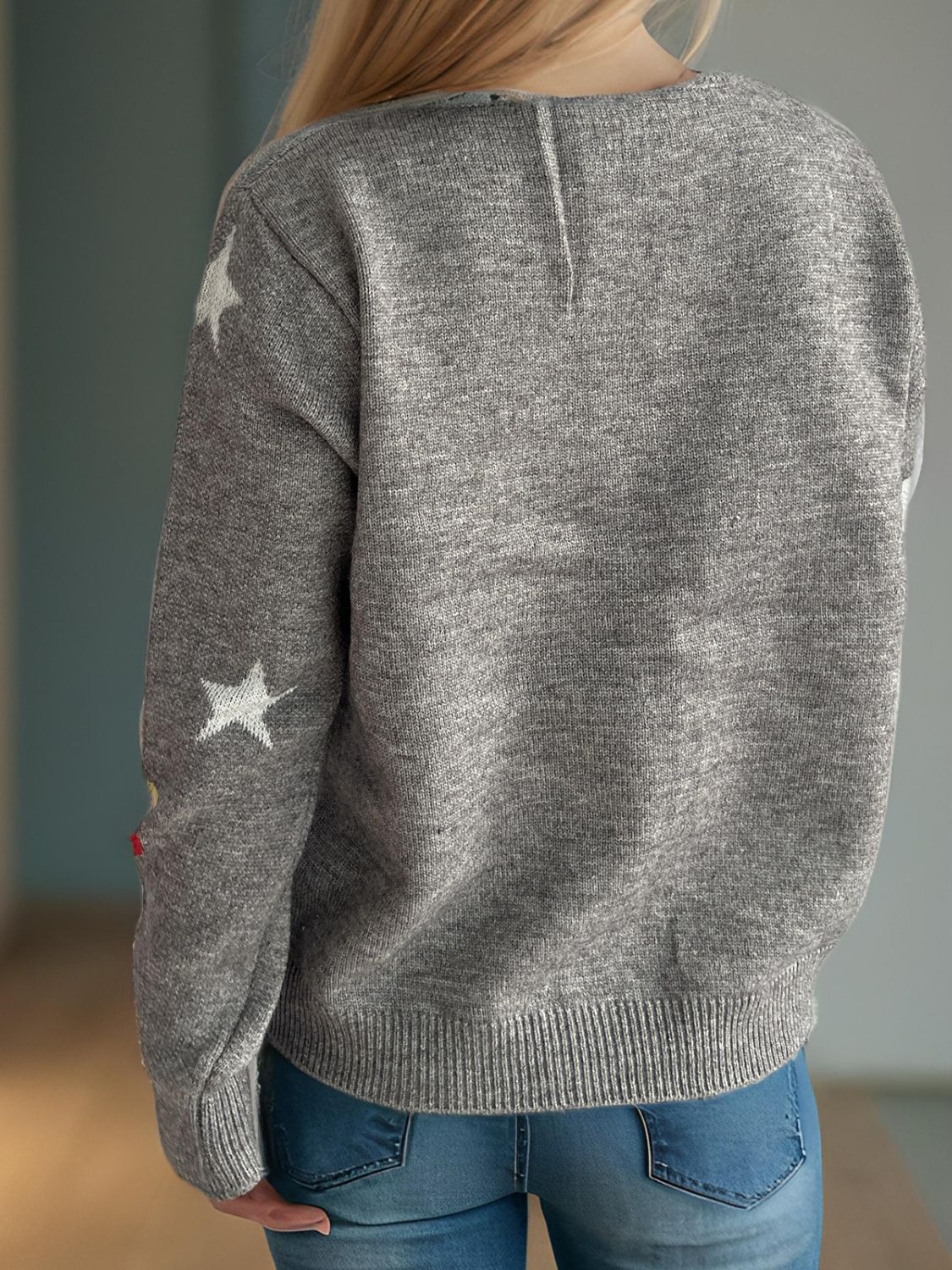 Women Candy Cane & Star Button Down Long Sleeve Christmas Cardigan