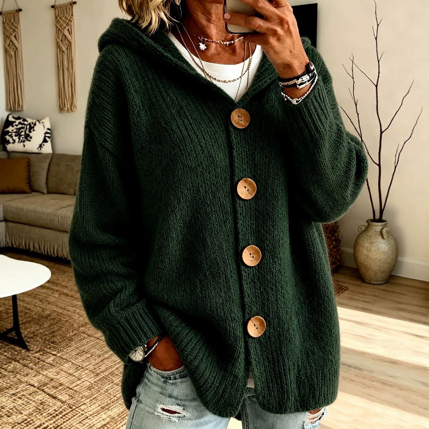 Hooded Cardigan Sweater Jacket With Four Buttons