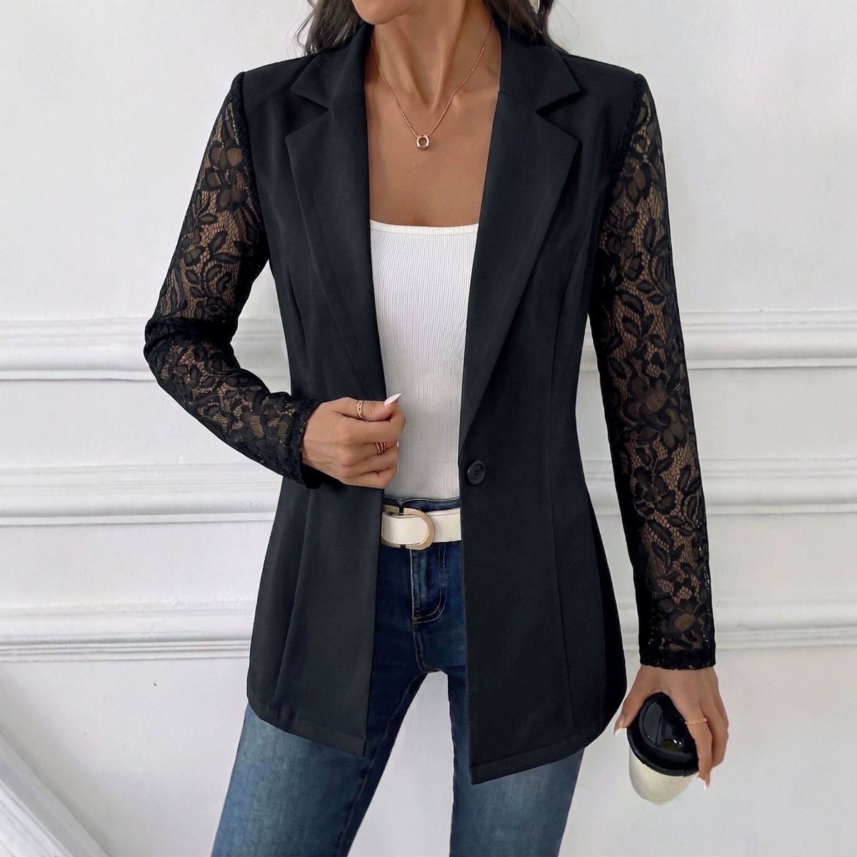 European And American Cross-border 2026 Autumn New Fashion Lapel Slim-fit One-button Blazer With Lace Long-sleeve Patchwork Jacket