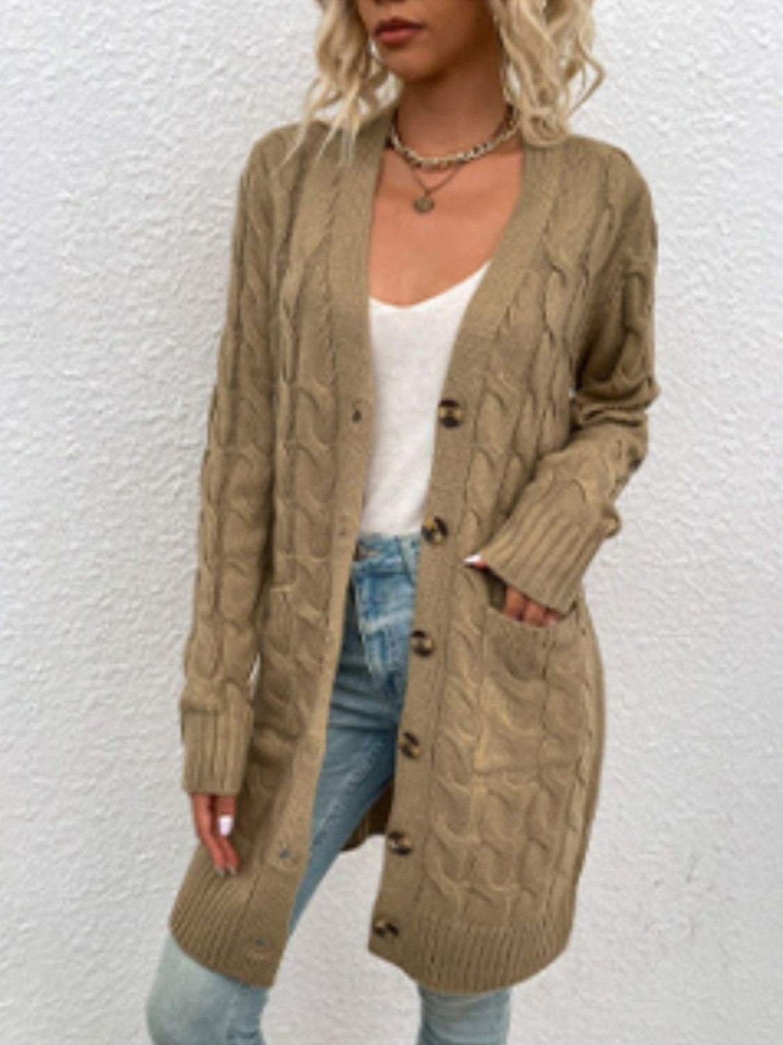 Women Cable-Knit Button Down Cardigan with Pockets