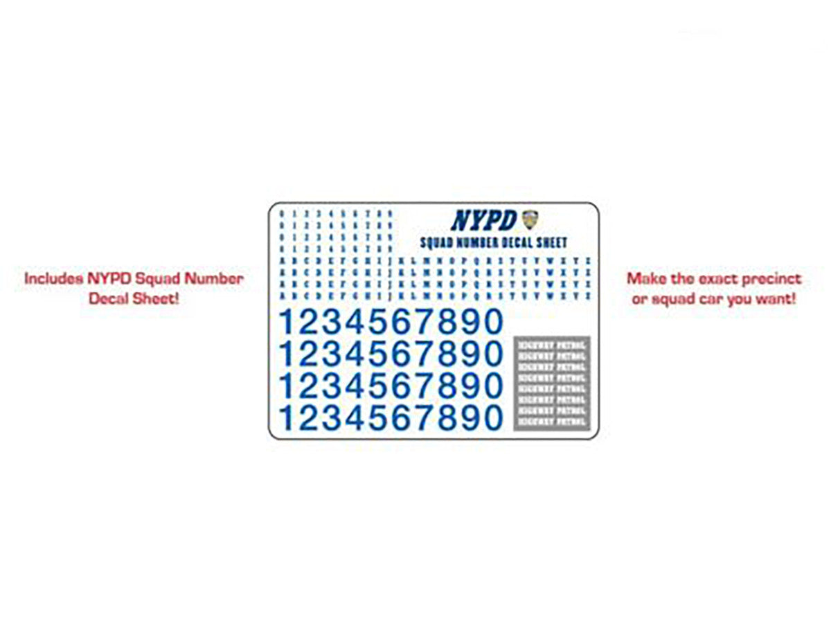 2011 Ford Crown Victoria Police New York Police Department (NYPD) with NYPD Squad Number Decal Sheet Hobby Exclusive 1/64 Diecast Model Car by Greenlight