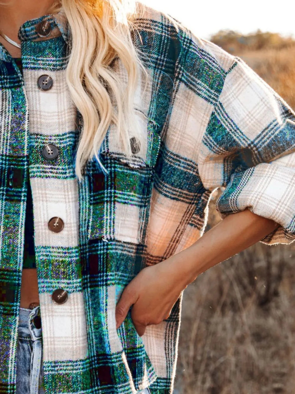 Women Pocketed Plaid Button Down Long Sleeve Shacket