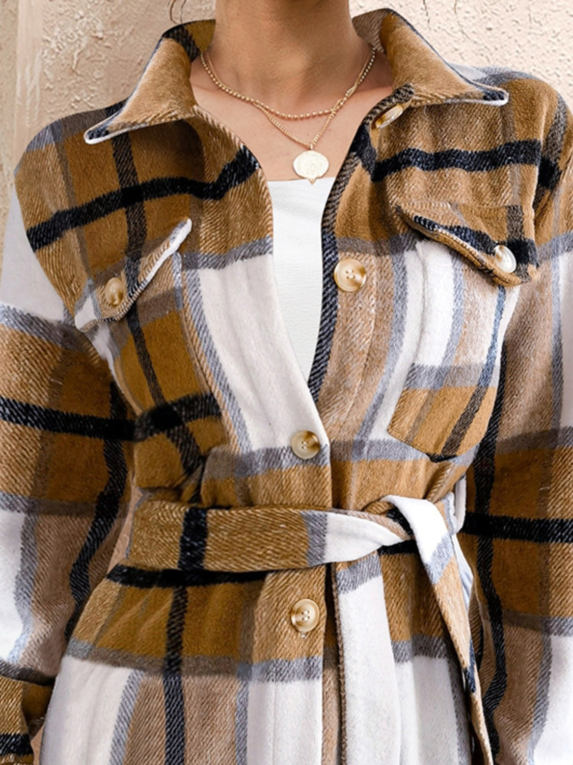 Women FAM-FAM Tied Plaid Button Up Shacket