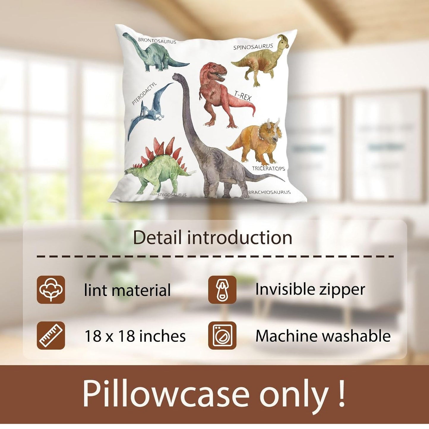 Wild Dinosaur Pillow Cover - Animal Dinosaur Pillowcase Tyrannosaurus Rex Brachiosaurus Dinosaur Pillowcase Square 18x18 Suitable For Boys' Room Home Decoration