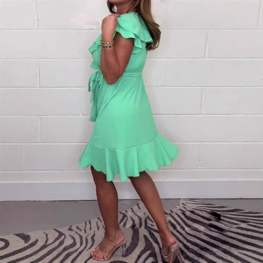 V-neck Waist-controlled Skirt Ruffled Solid Color Dress Women