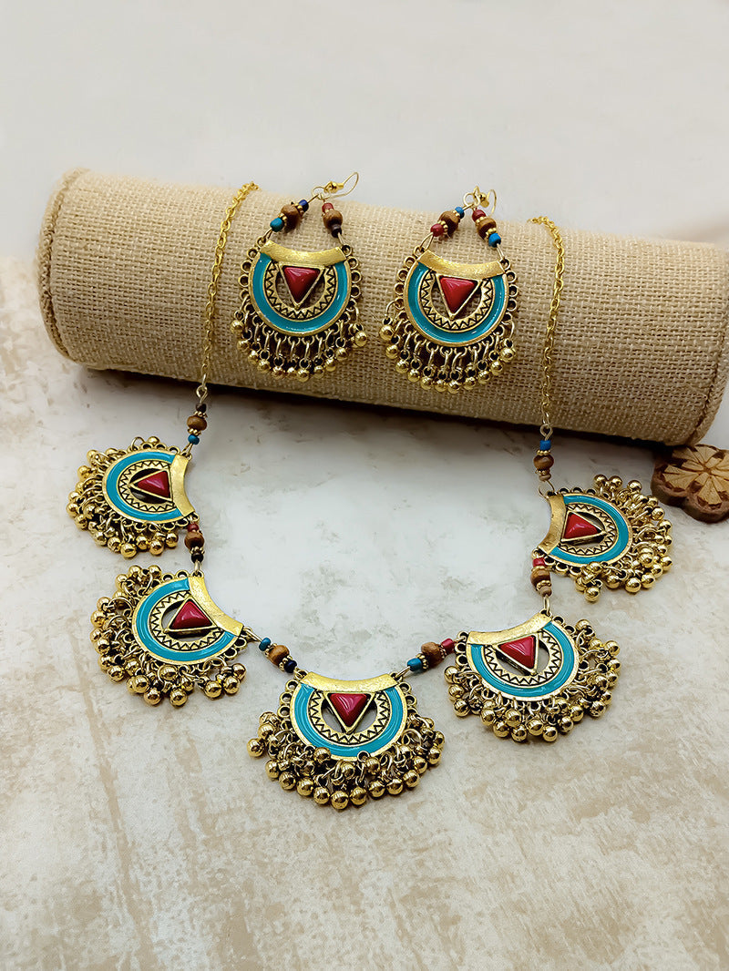 Women's Vintage Metal Indian Necklace And Earrings Suite