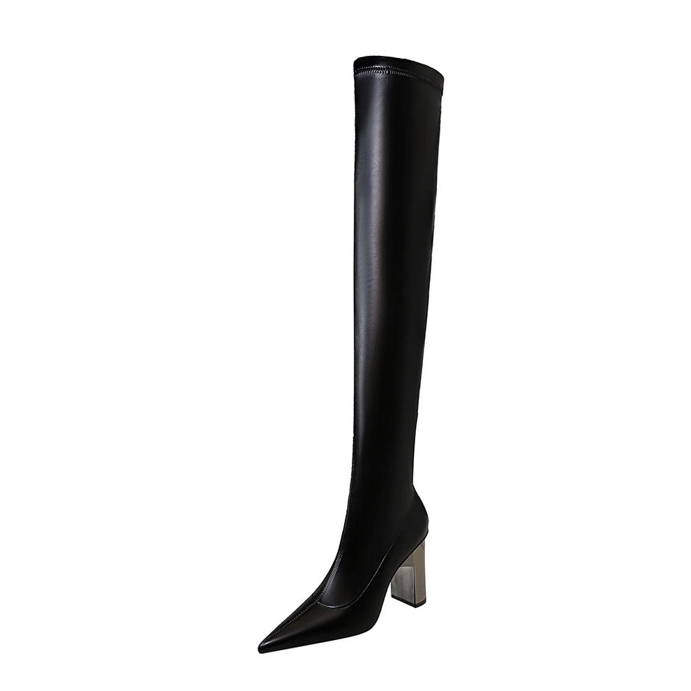 Women Thigh High Shoes Pointed Toe Over Knee Boots Square Heels
