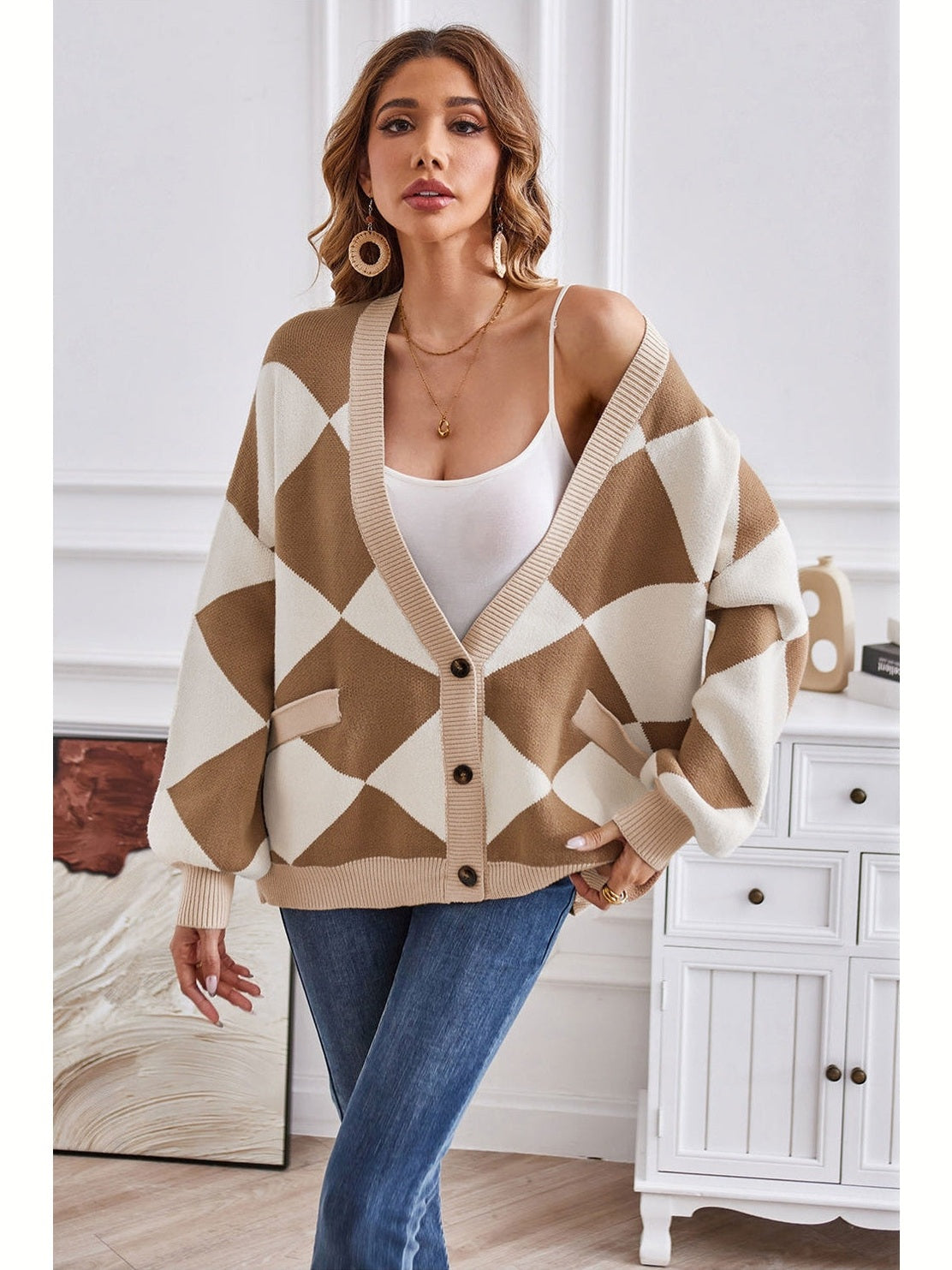 Women Geometric Lantern Sleeve Cardigan with Pockets