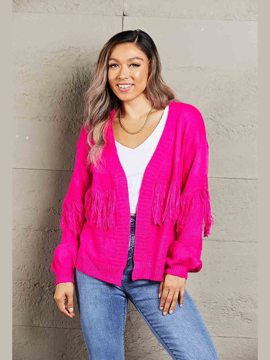 Women Double Take Fringe Trim Open Front Cardigan Sweater