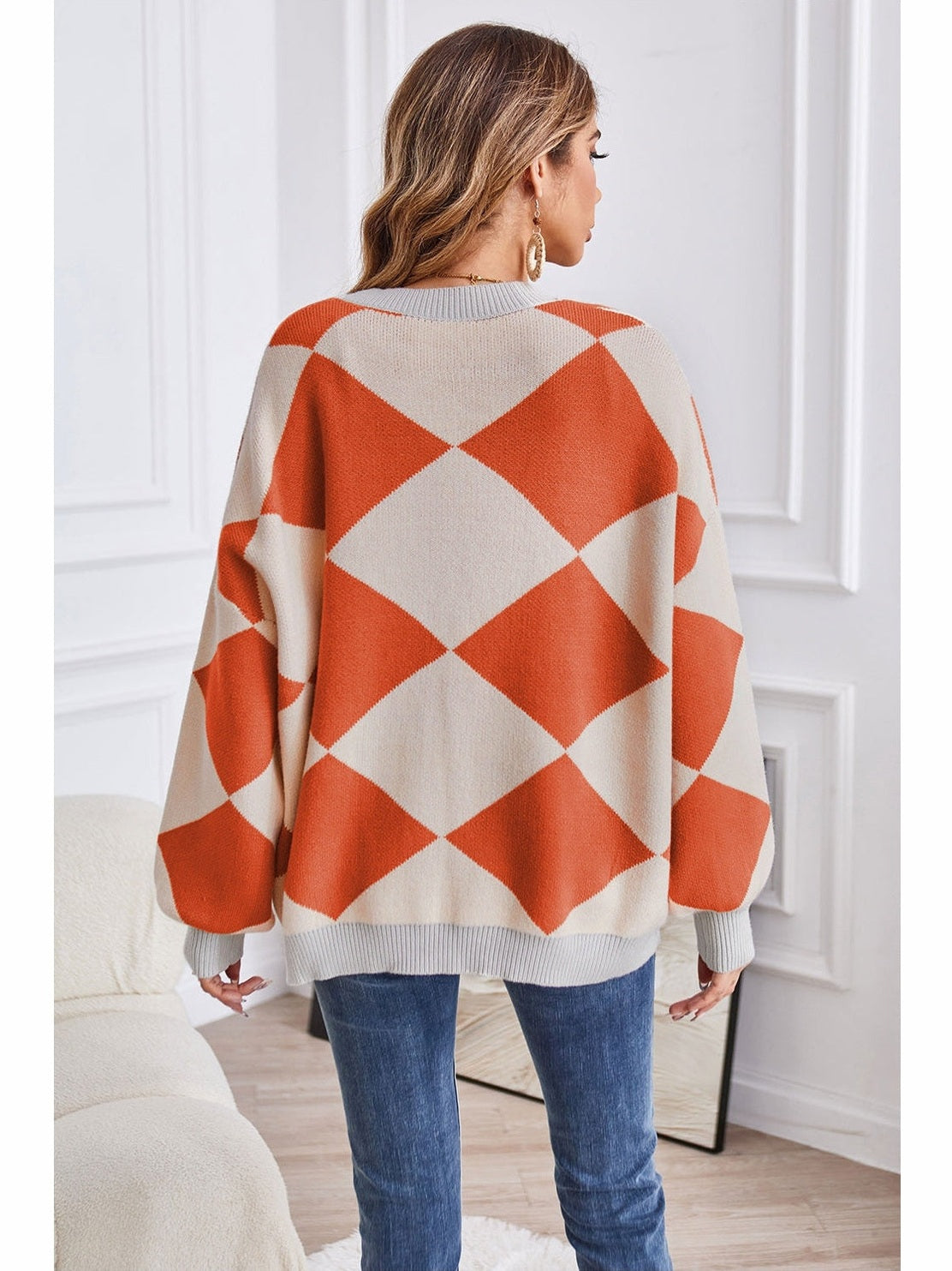 Women Geometric Lantern Sleeve Cardigan with Pockets