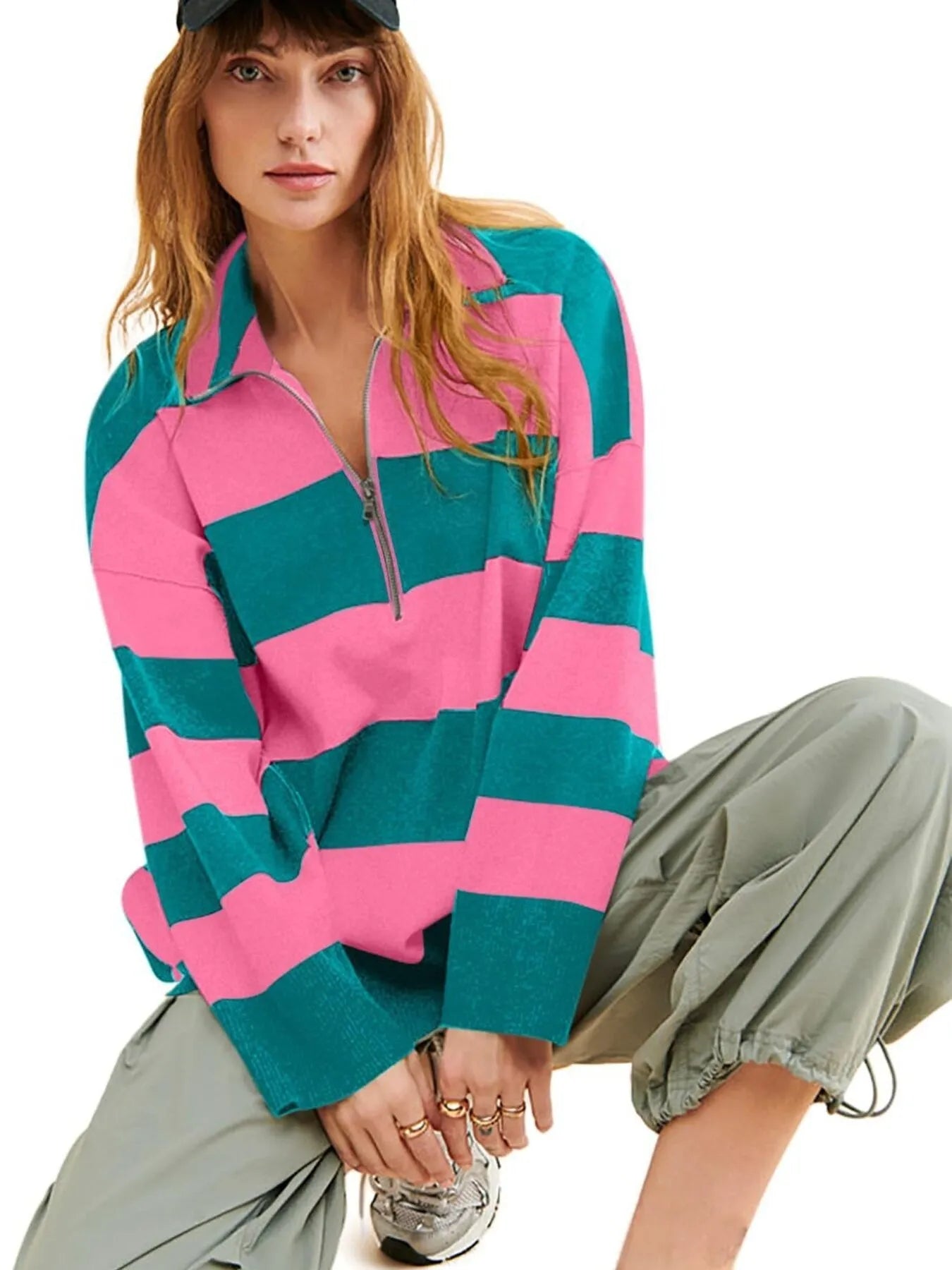 Striped Half-Zip Oversized Sweatshirt