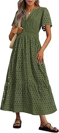 V-neck Hollow Pleated Short Sleeves Long Dress