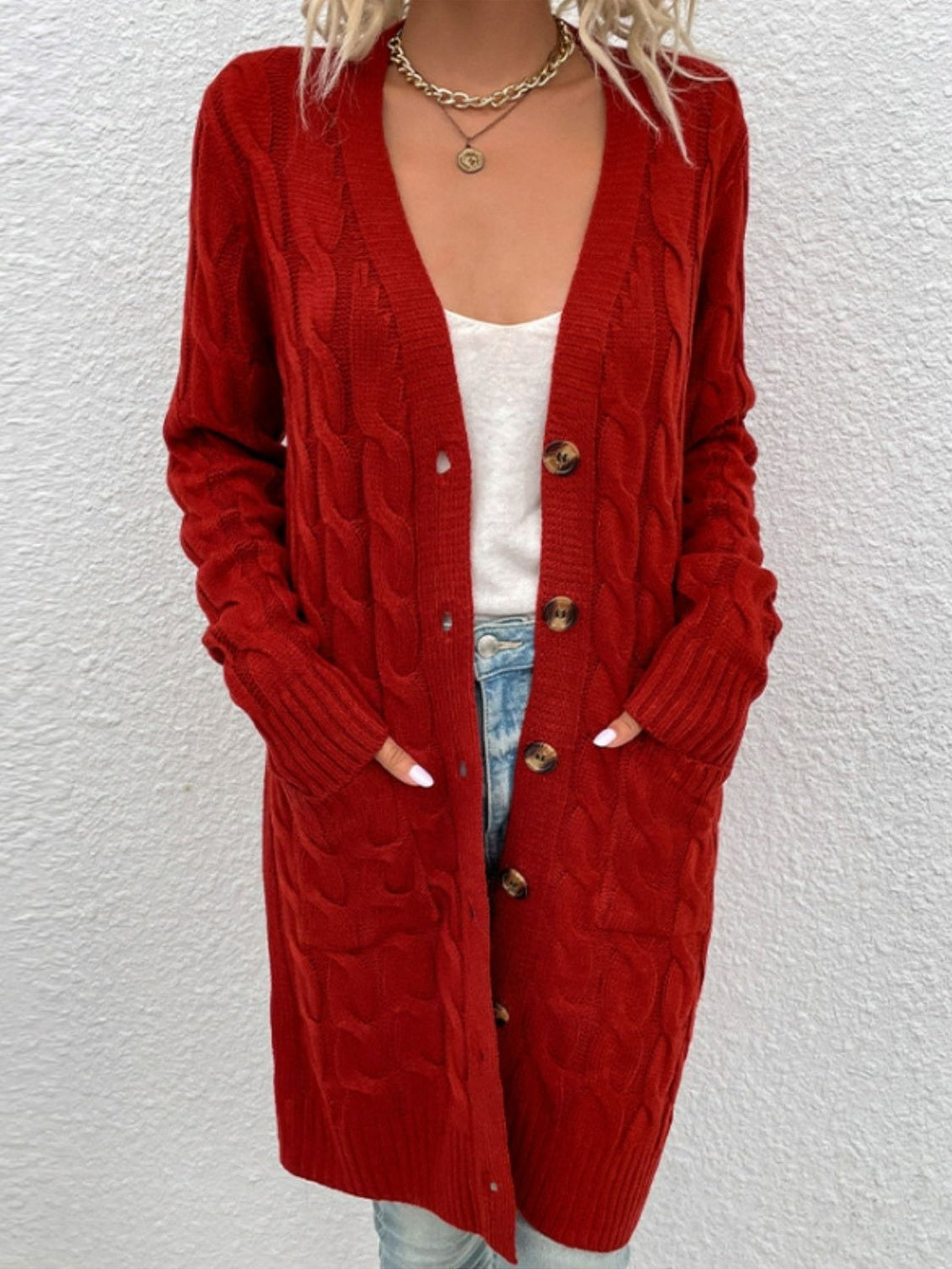 Women Cable-Knit Button Down Cardigan with Pockets