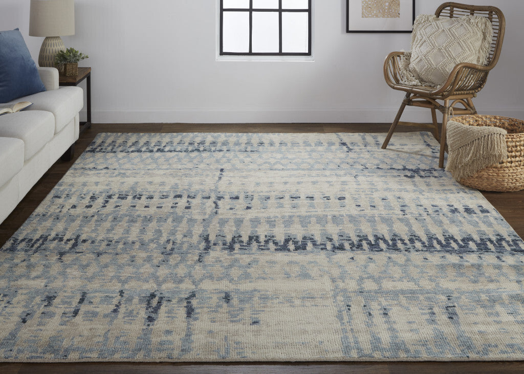 2' X 3' Gray Blue and Ivory Wool Abstract Hand Knotted Area Rug