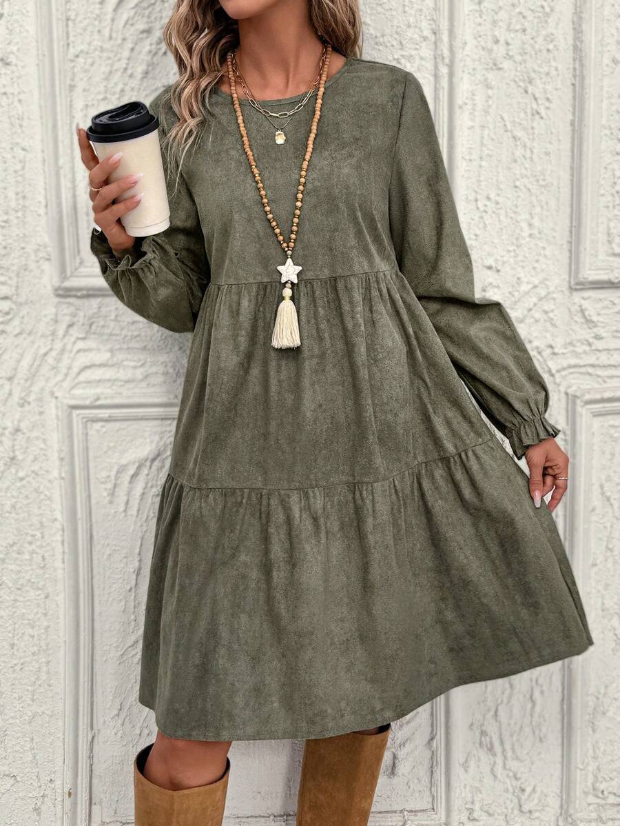 Women's Casual Solid Color Ruffle Sleeve Midi Dress Spring And Autumn