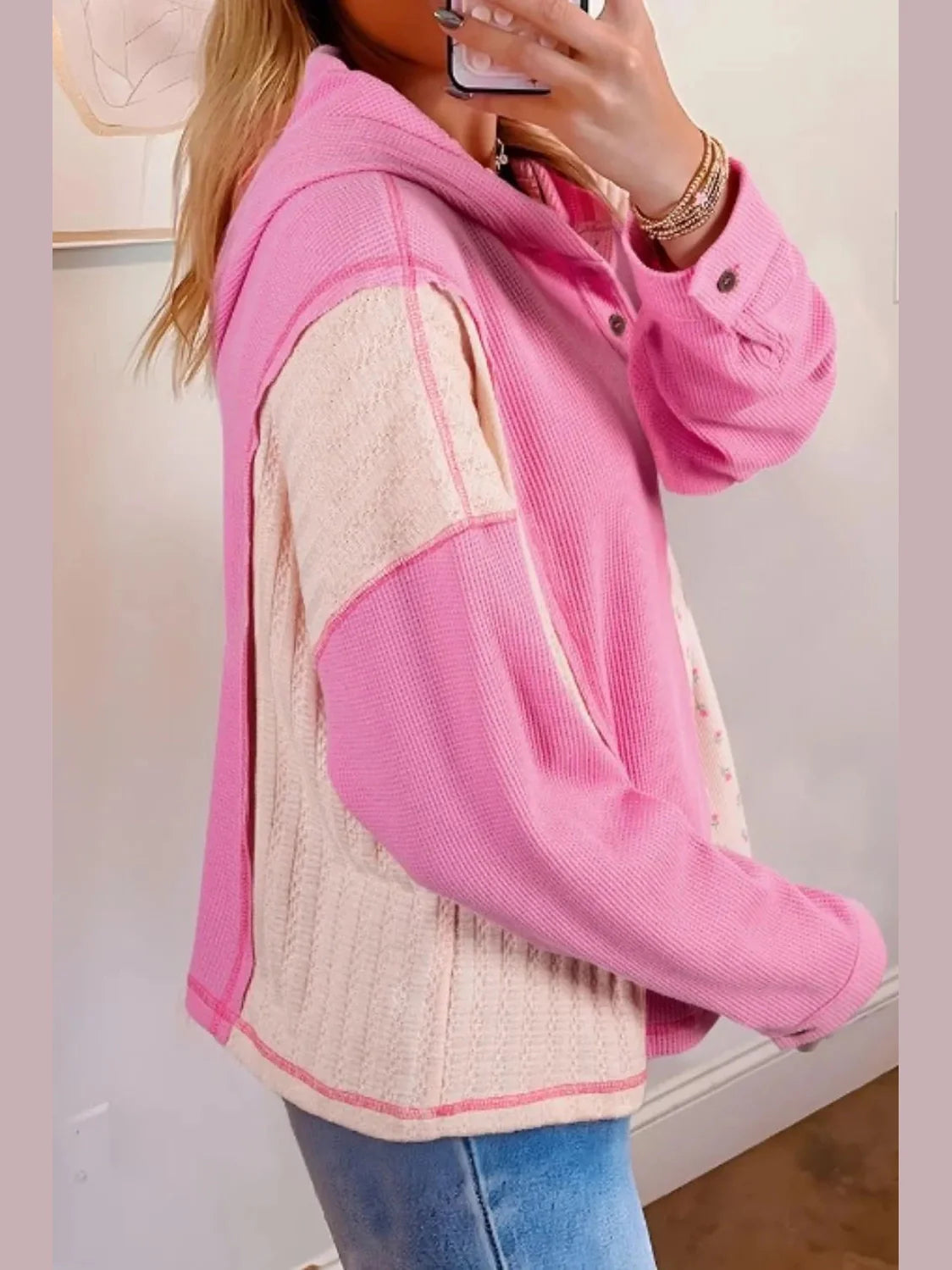 Color Block Button Detail Hoodie