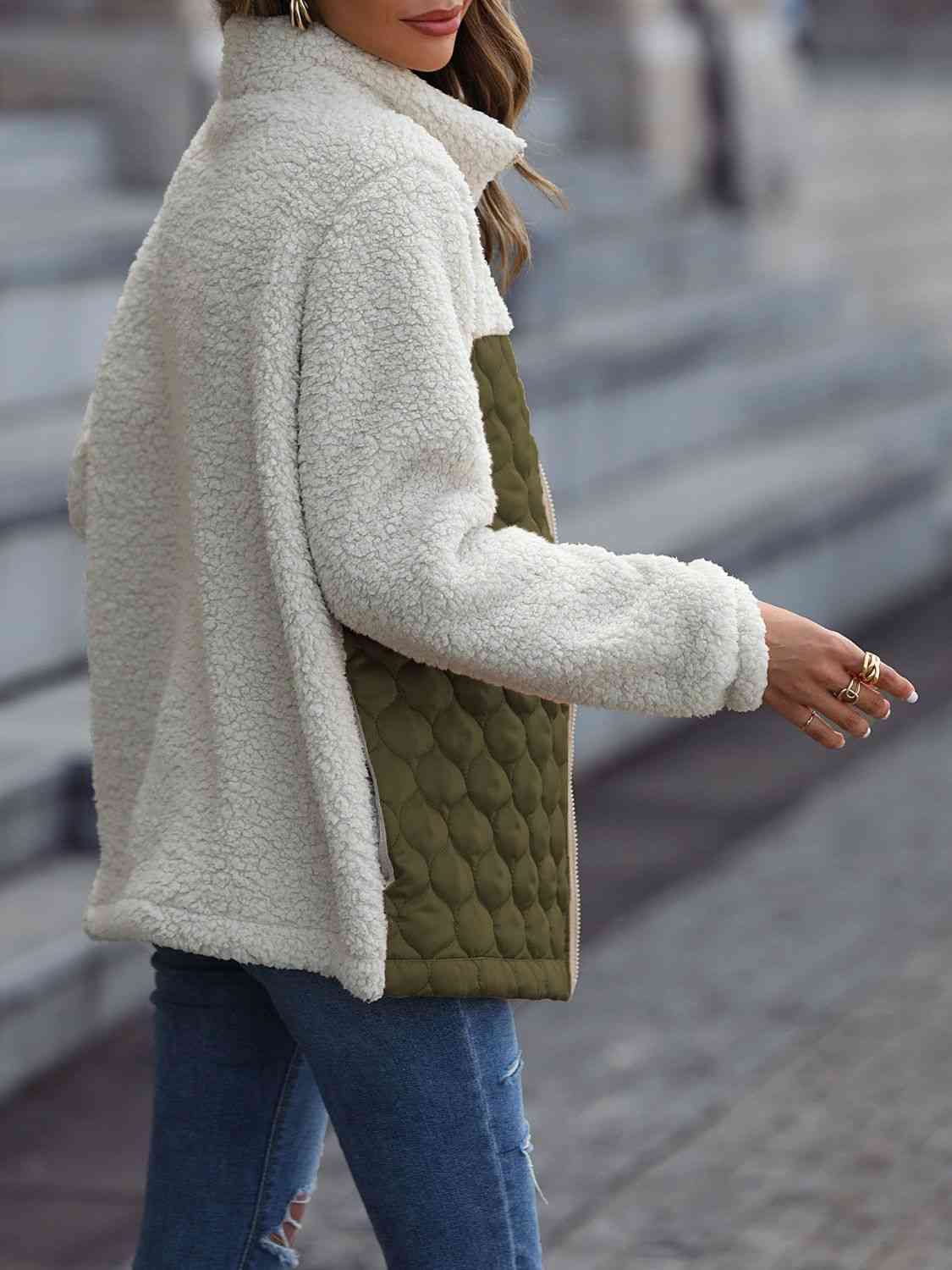 Women Leopard Color Block Zip-Up Jacket