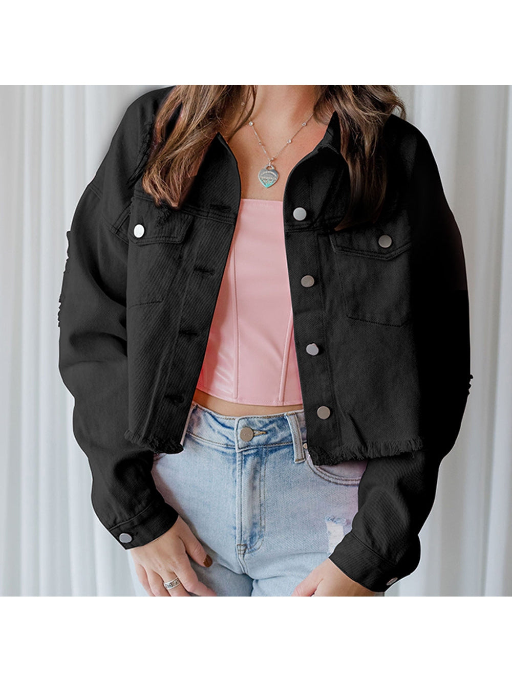 Distressed Raw Hem Dropped Shoulder Denim Jacket