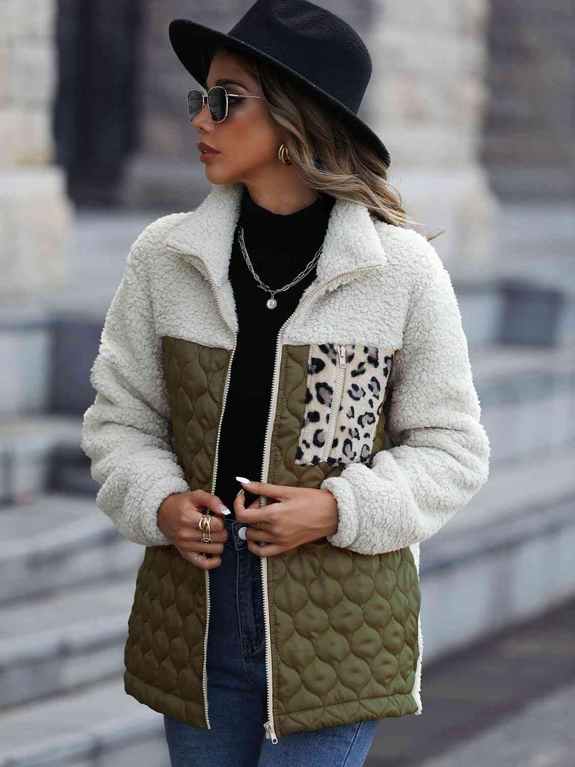 Women Leopard Color Block Zip-Up Jacket