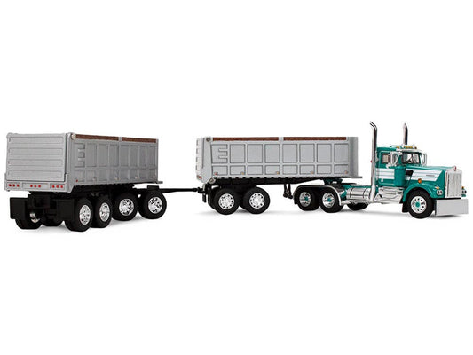 Kenworth W900A Day Cab with 22' Dual End Dump Trailers Turquoise with White Stripes 1/64 Diecast Model by DCP/First Gear