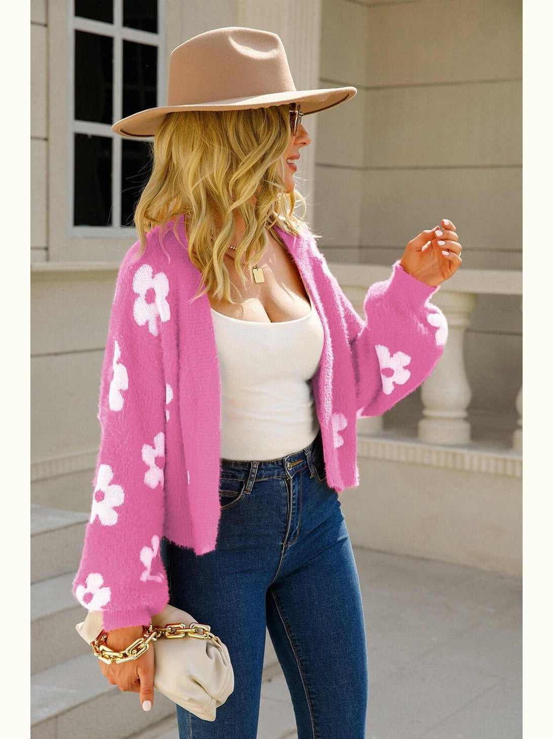 Women Floral Open Front Fuzzy Cardigan Sweater