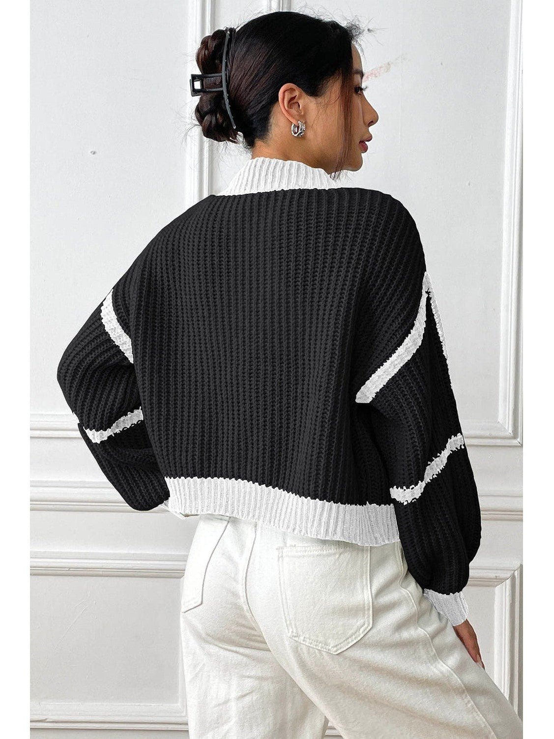 Women Contrast Open Front Long Sleeve Cardigan