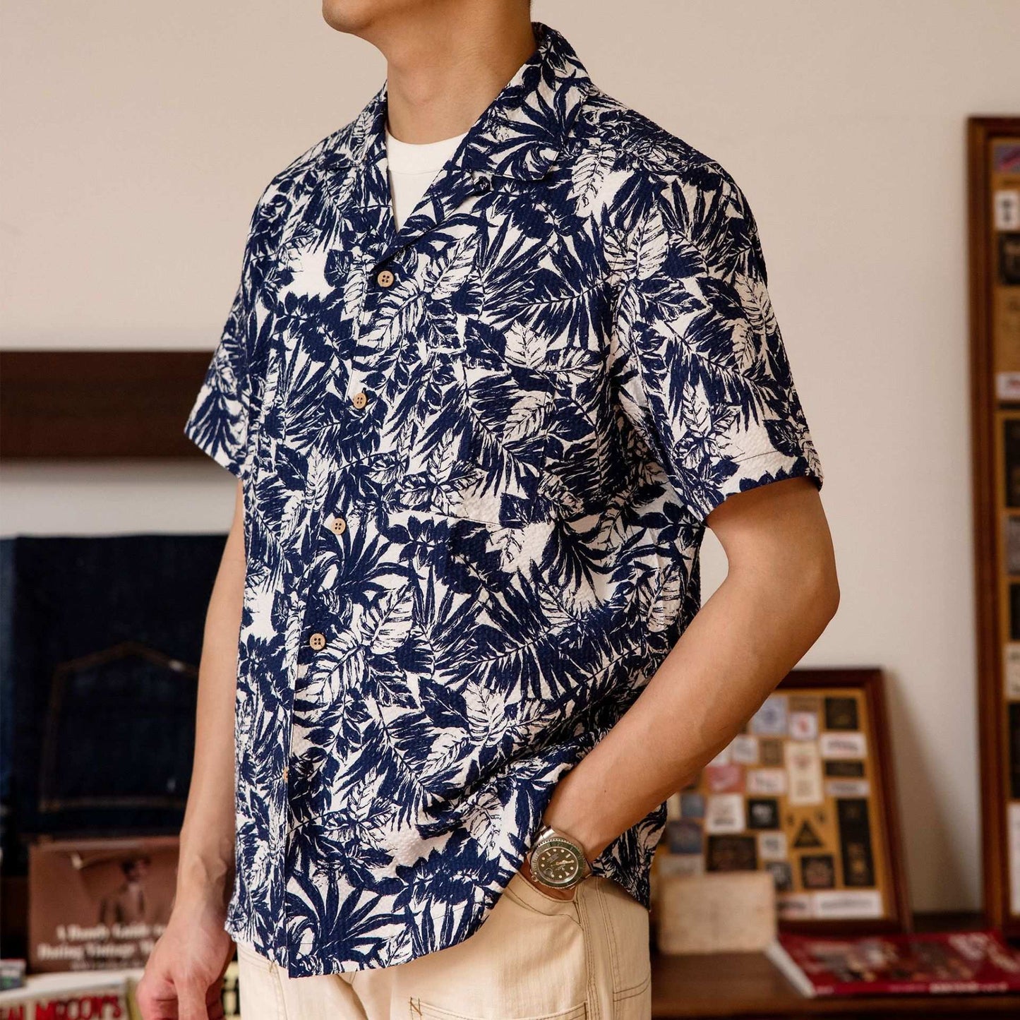 Vintage Printed Seersucker Cuban Collar Shirt