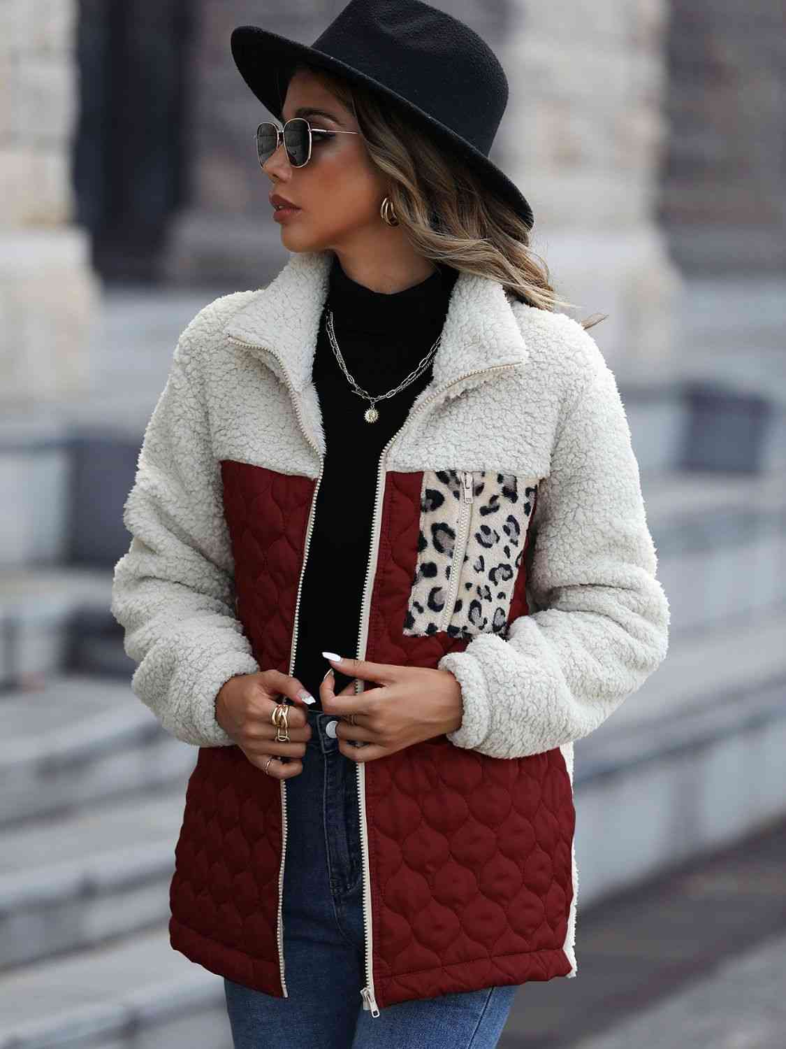Women Leopard Color Block Zip-Up Jacket
