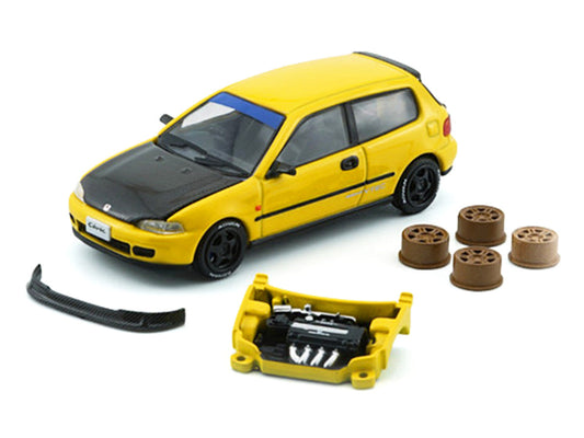 Honda Civic EG6 RHD (Right Hand Drive) Yellow with Carbon Hood with Alternates 1/64 Diecast Model Car by BM Creations