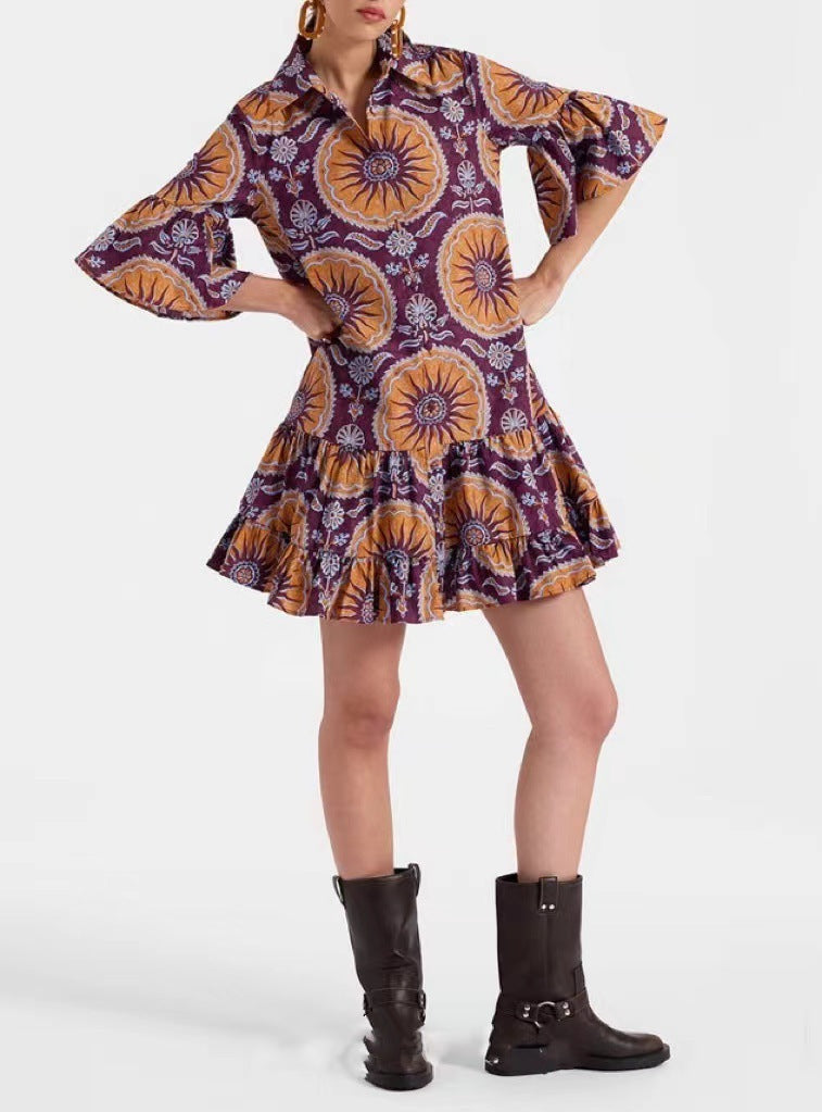 Women's Wear Bell Sleeve Printed Loose Casual Dress