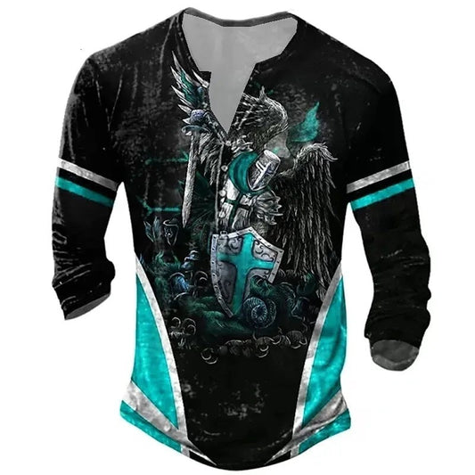 European And American Digital Printing Men's Long-sleeved Medieval T-shirt