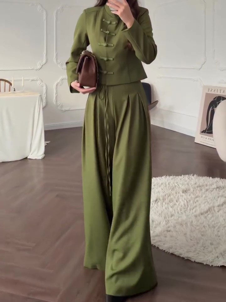 Mandarin Collar Knot Crop Top & Drawstring Wide Leg Pants 2-Piece Set