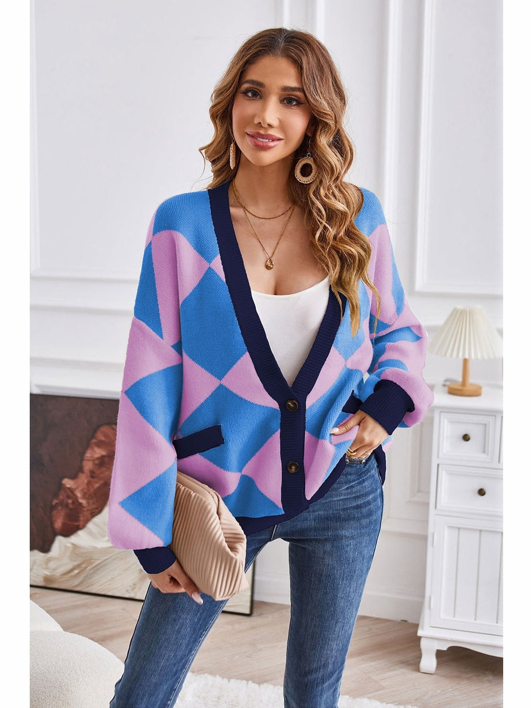 Women Geometric Lantern Sleeve Cardigan with Pockets
