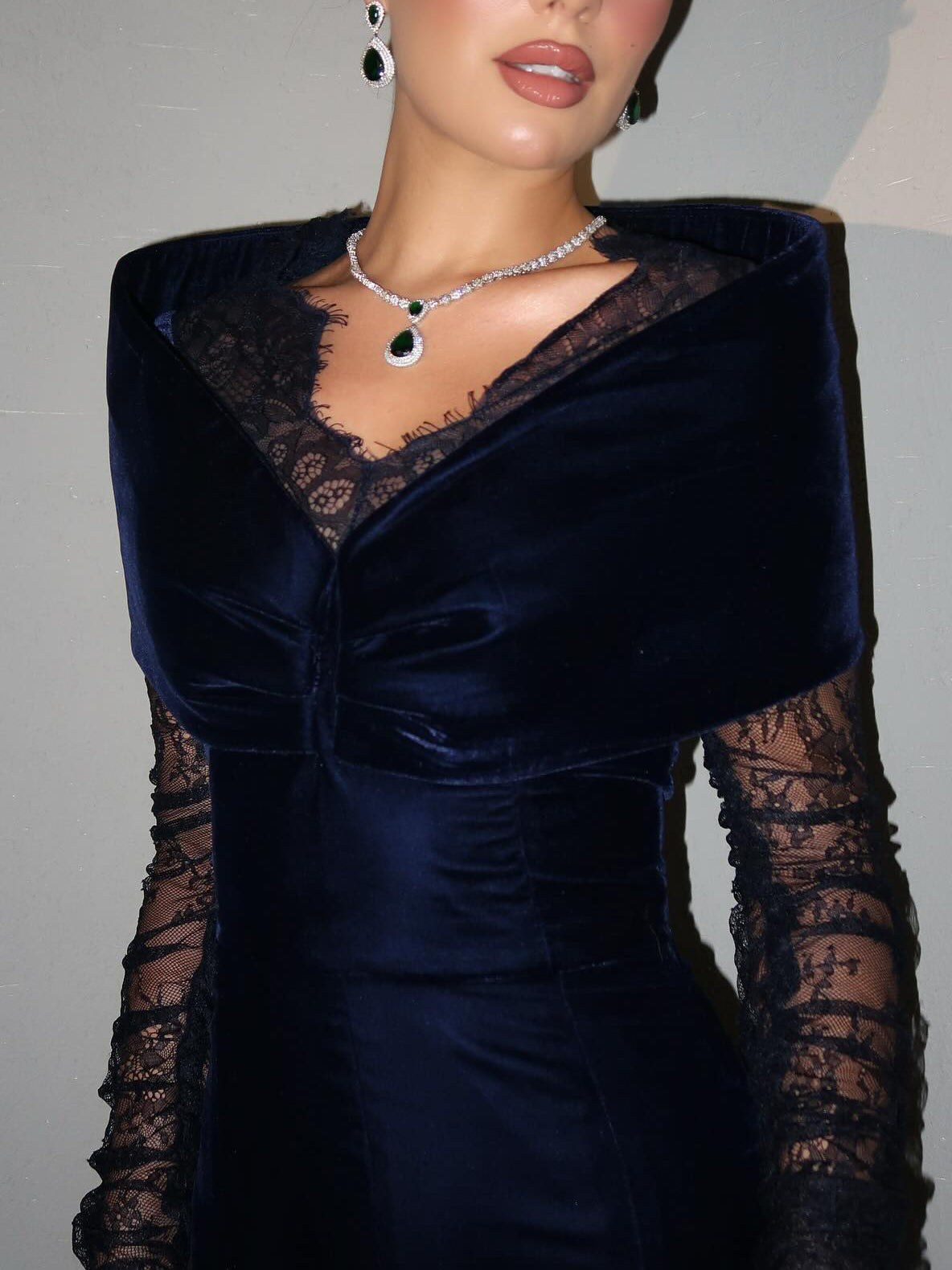 Navy Blue Velvet Lace Long-Sleeve Gown