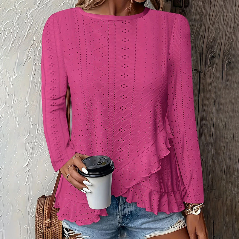 Women Eyelet Long Sleeve Tops Shirts Dressy Casual Crew Neck Ruffle Hem Blouses