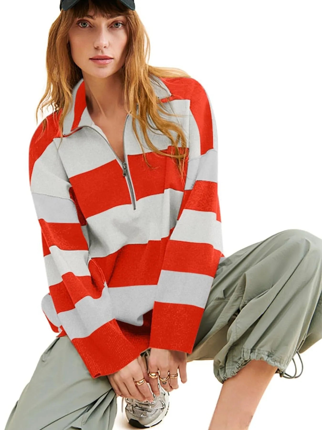 Striped Half-Zip Oversized Sweatshirt