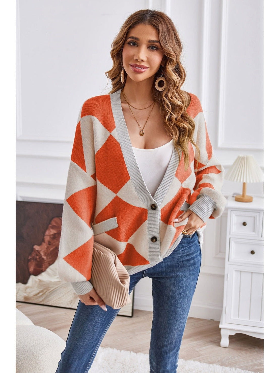 Women Geometric Lantern Sleeve Cardigan with Pockets