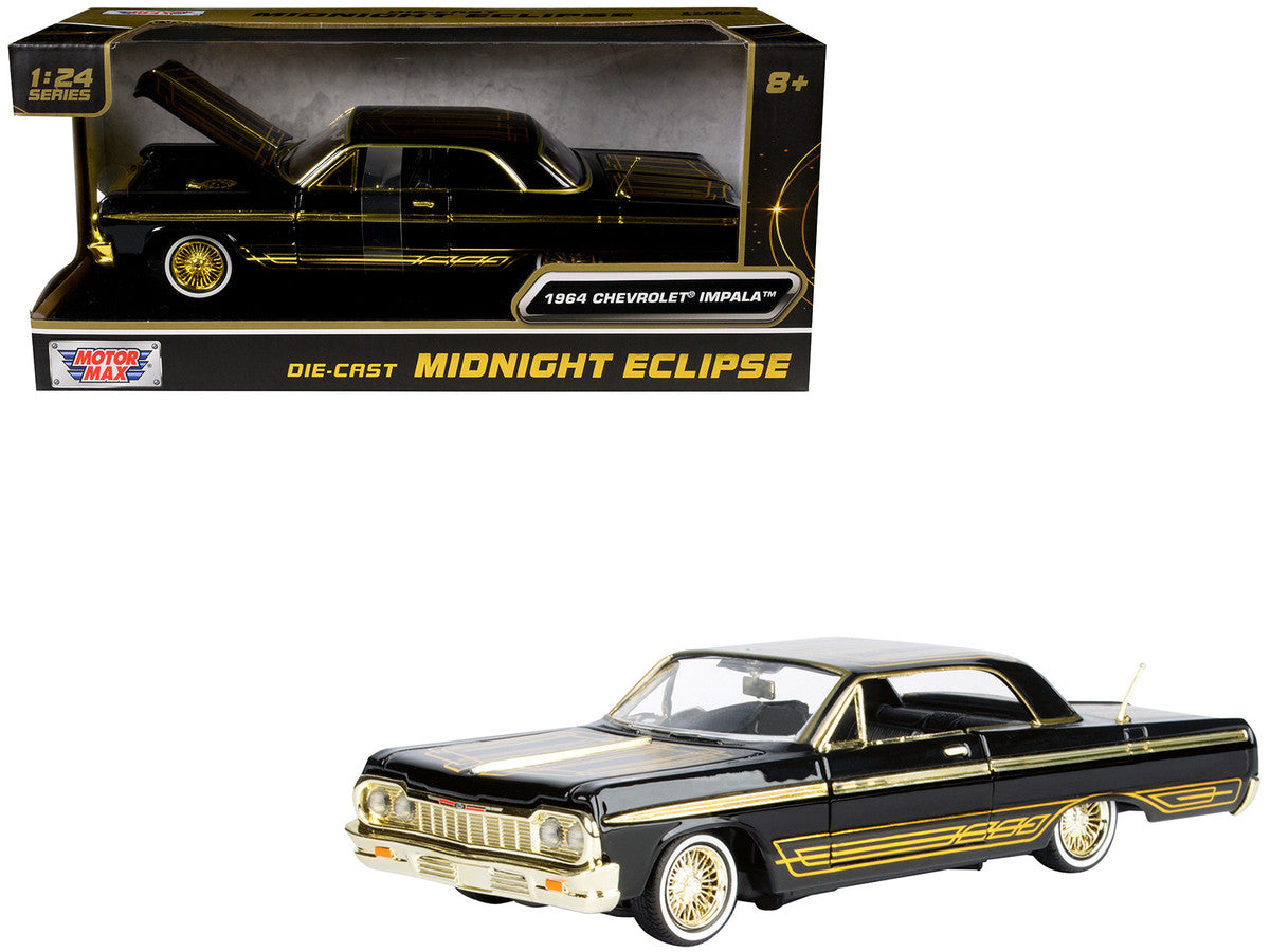 1964 Chevrolet Impala Lowrider Black with Gold Graphics and Wheels "Midnight Eclipse" Series 1/24 Diecast Model Car by Motormax