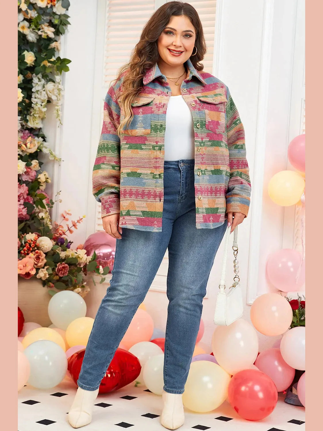 Plus Size Pocketed Printed Collared Neck Jacket