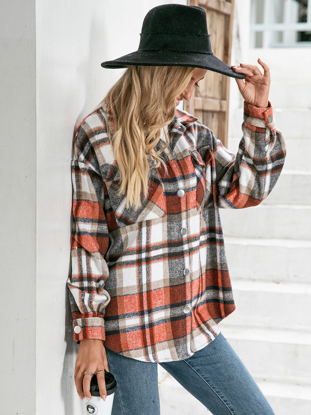 Women Ivy Lane Meet You Outside Plaid Button Down Curved Hem Shacket