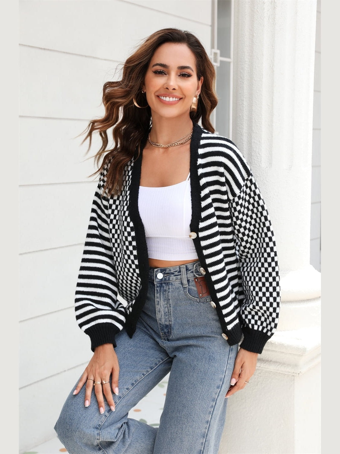 Women Button-Down Stripe & Plaid Contrast Pattern Cardigan Sweater