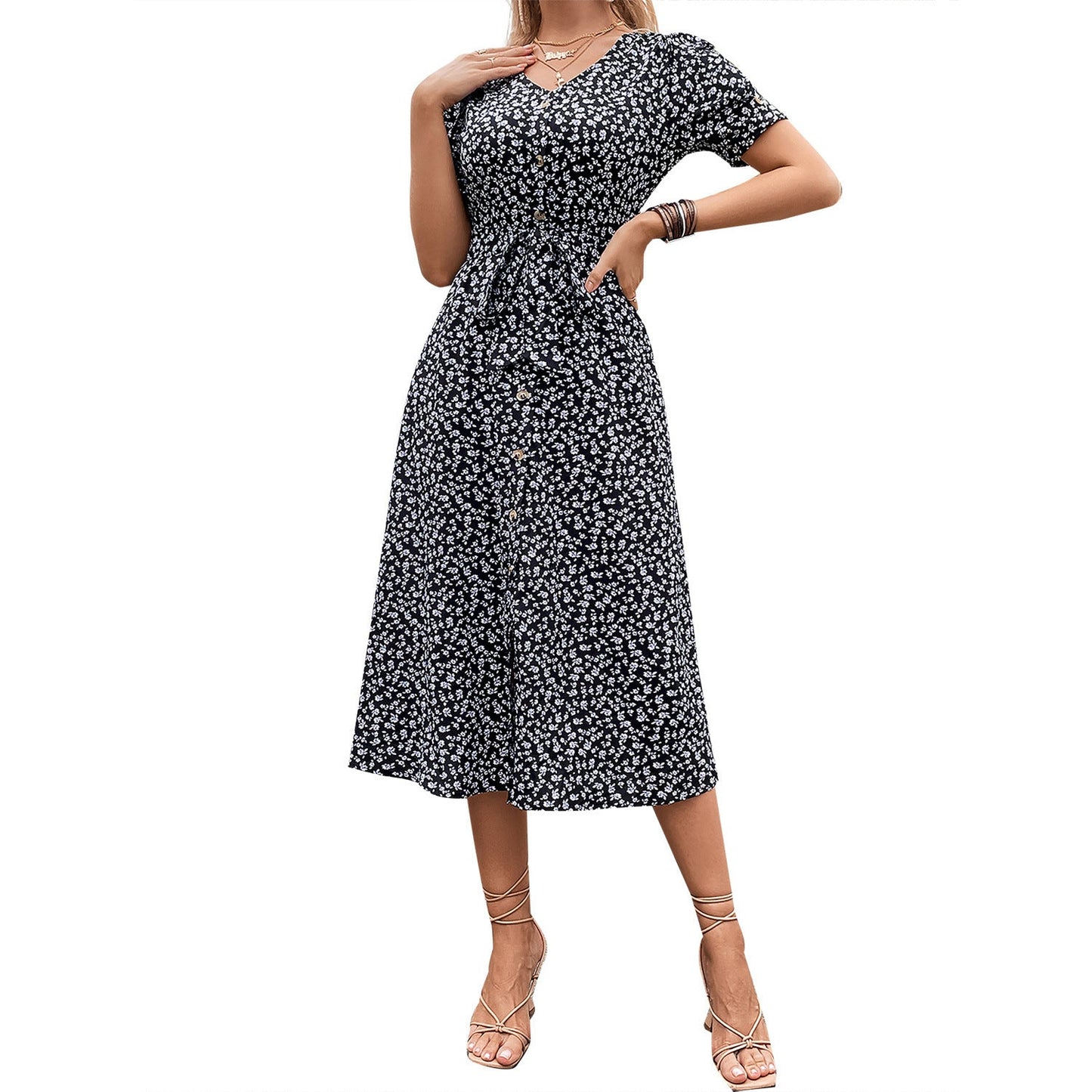 Women's Temperament Commute Casual Vacation Style Printed Knotted Dress