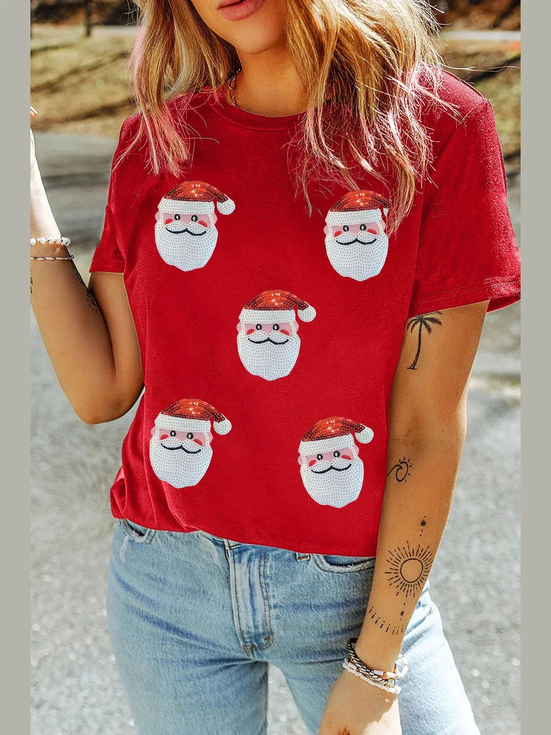 Women Sequin Santa Round Neck Short Sleeve T-Shirt