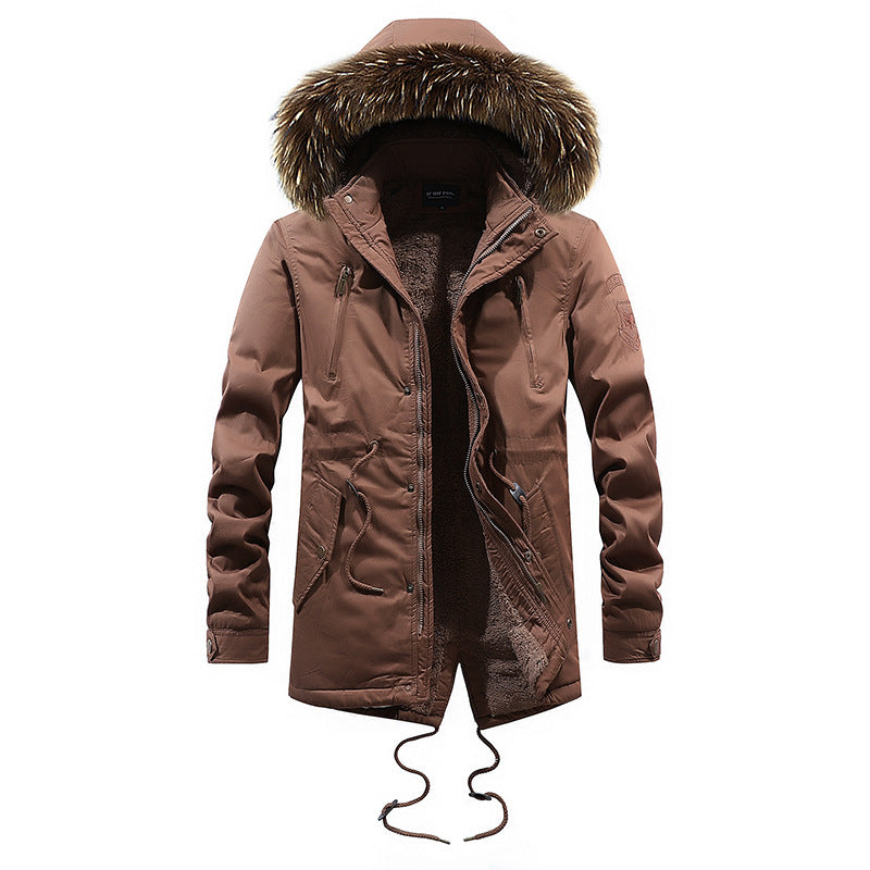 Men's Mid-length Cotton Coat With Big Fur Collar
