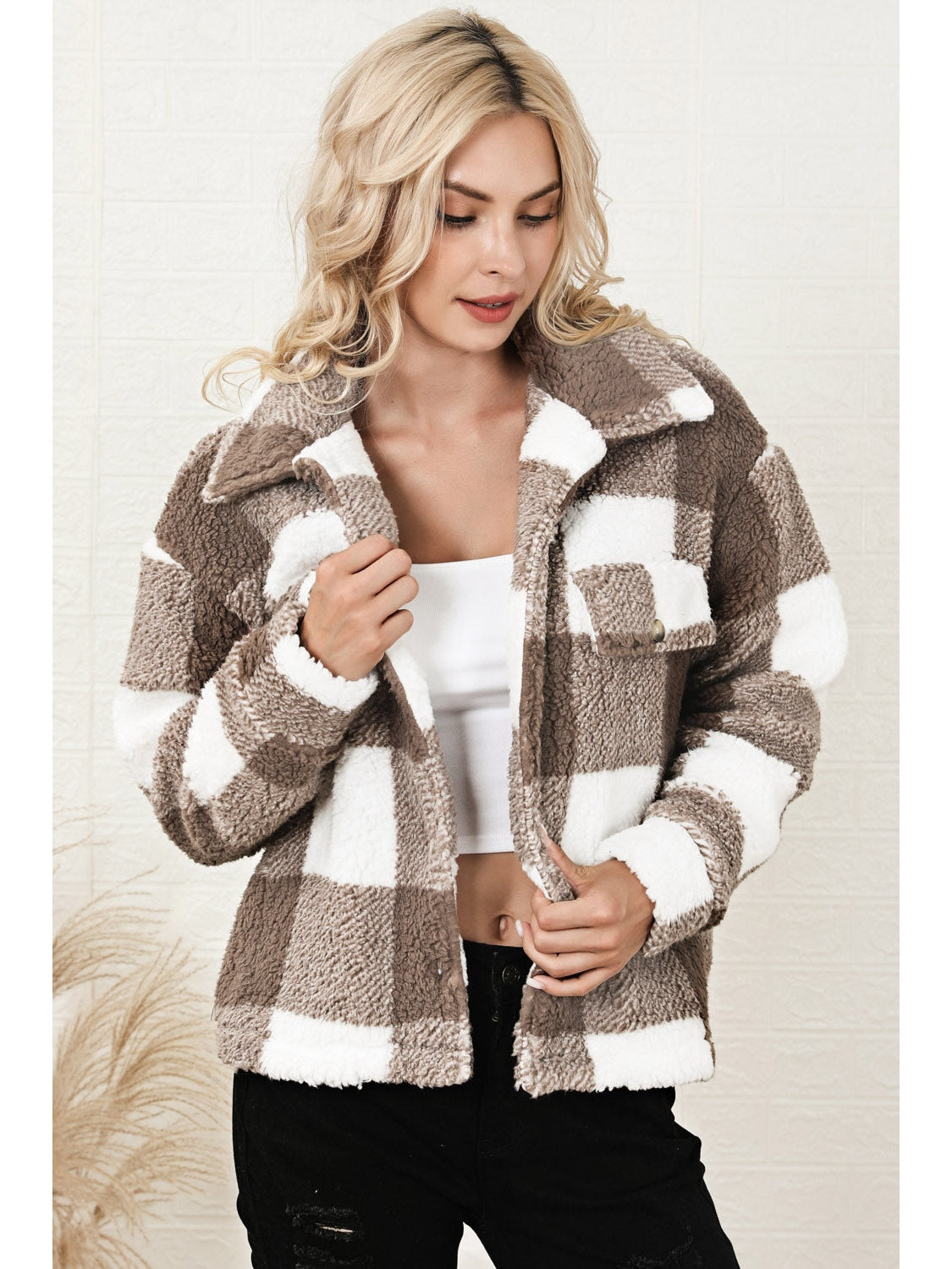 Plaid Collared Neck Drop Shoulder Jacket