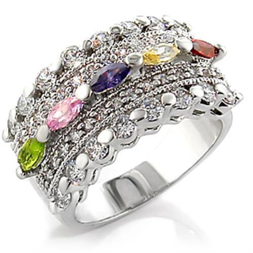 7X129 - Rhodium Brass Ring with AAA Grade CZ in Multi Color
