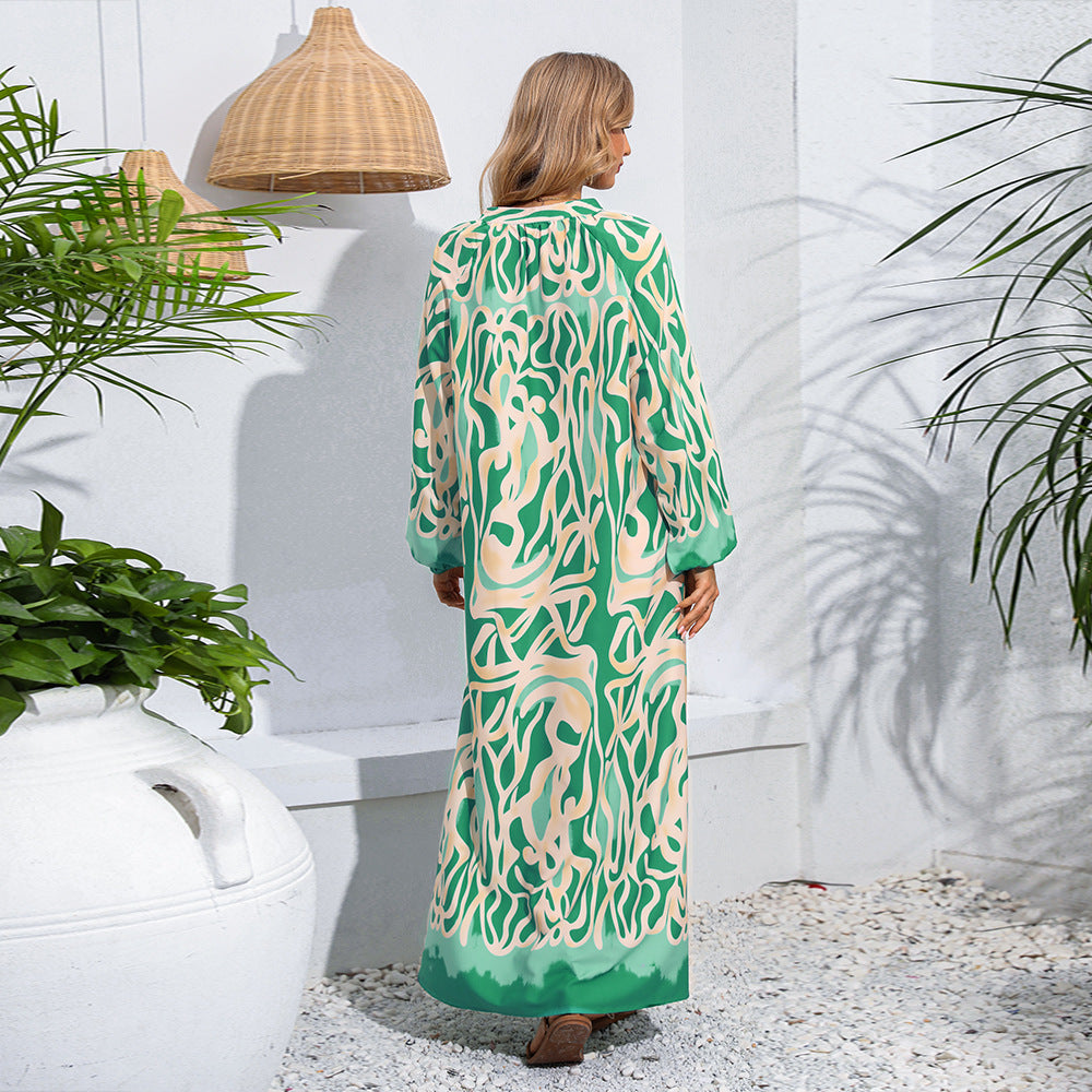 V-neck Abstract Printing Loose Long Style Long Sleeve Women's Dress